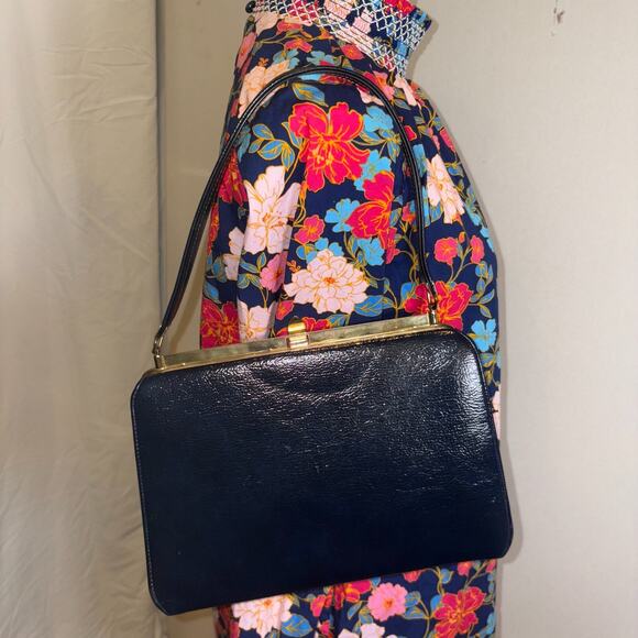 Vintage Handbag Navy Blue Leather, 7" strap drop/10.5" Wide/8" tall/Very Clean - Picture 1 of 5